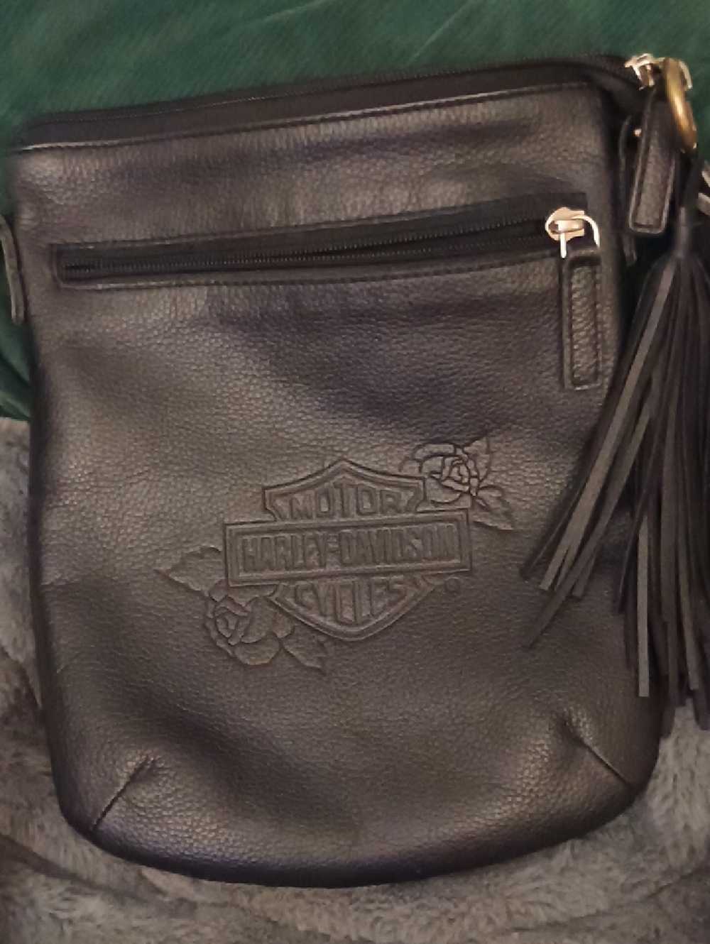Harley-Davidson Black Pebbled Leather Crossbody with Fringe Tassel